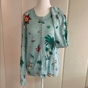 J. Crew Light Aqua Tropical Print Cardigan with Multicolor Accents